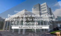 Glasgow Caledonian University Postgraduate Ambassador Studentship for International Student